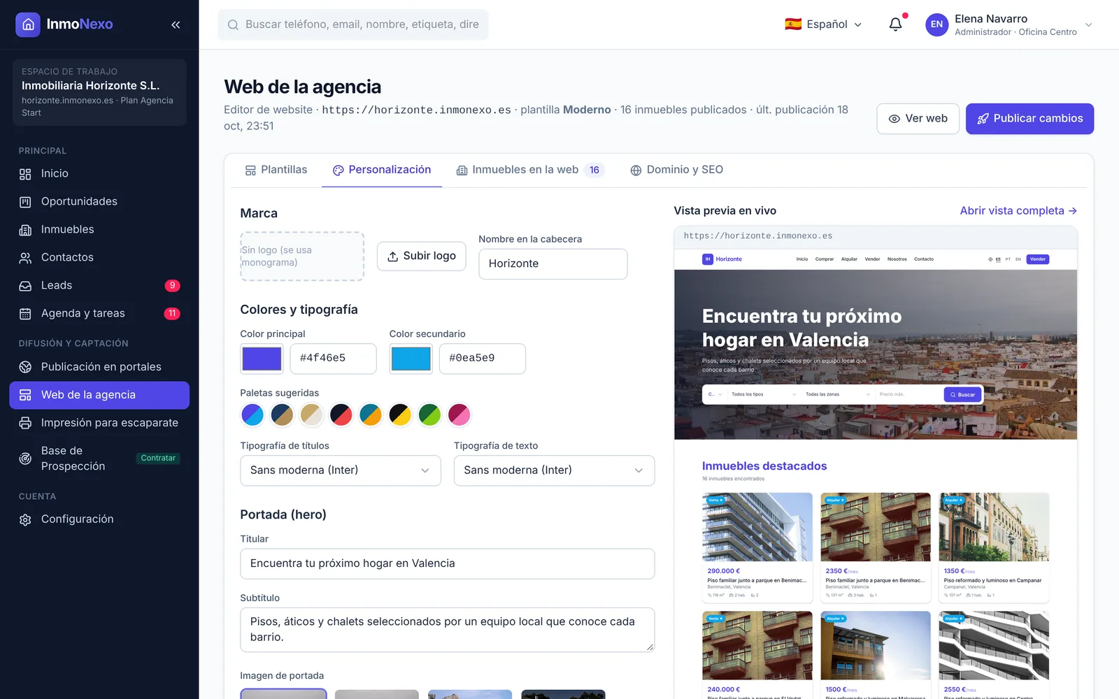Editor de la web de la agencia en InmoNexo: pestaña Personalización con marca, colores, tipografías, portada y vista previa en vivo